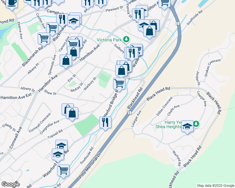 map of restaurants, bars, coffee shops, grocery stores, and more near 7 Waterford Bridge Road in St. John's