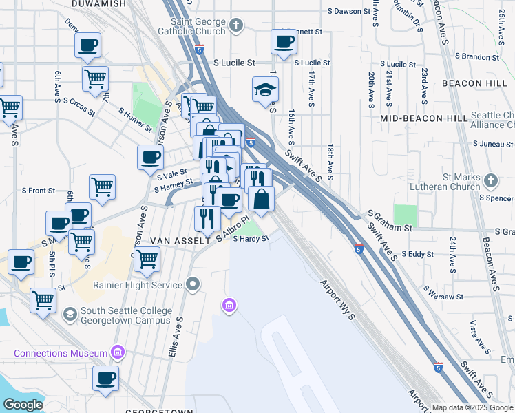 map of restaurants, bars, coffee shops, grocery stores, and more near 6247 Airport Way South in Seattle