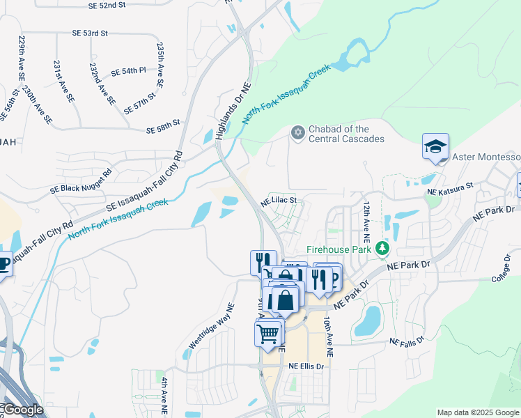 map of restaurants, bars, coffee shops, grocery stores, and more near 1755 Highlands Drive Northeast in Issaquah