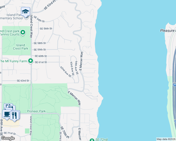map of restaurants, bars, coffee shops, grocery stores, and more near 6210 East Mercer Way in Mercer Island