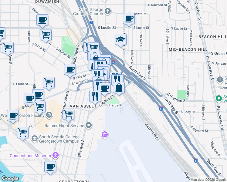 map of restaurants, bars, coffee shops, grocery stores, and more near 6250 Stanley Avenue South in Seattle
