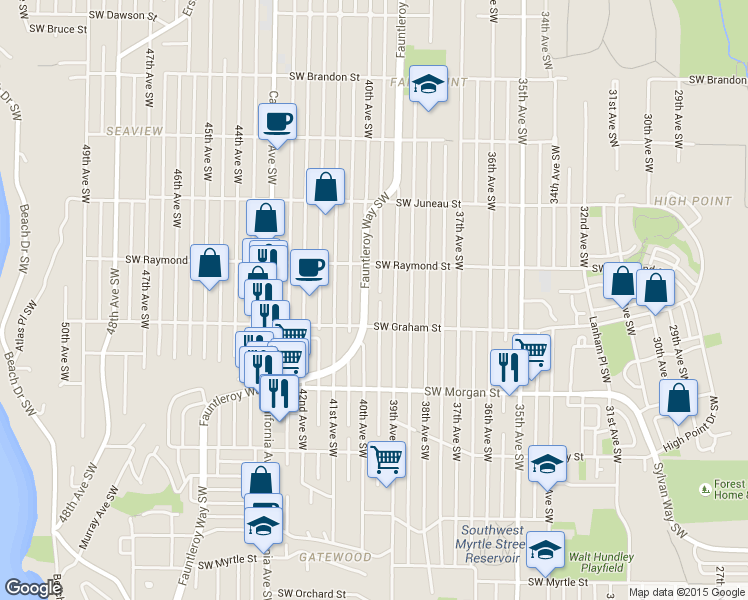 map of restaurants, bars, coffee shops, grocery stores, and more near 6047 39th Avenue Southwest in Seattle
