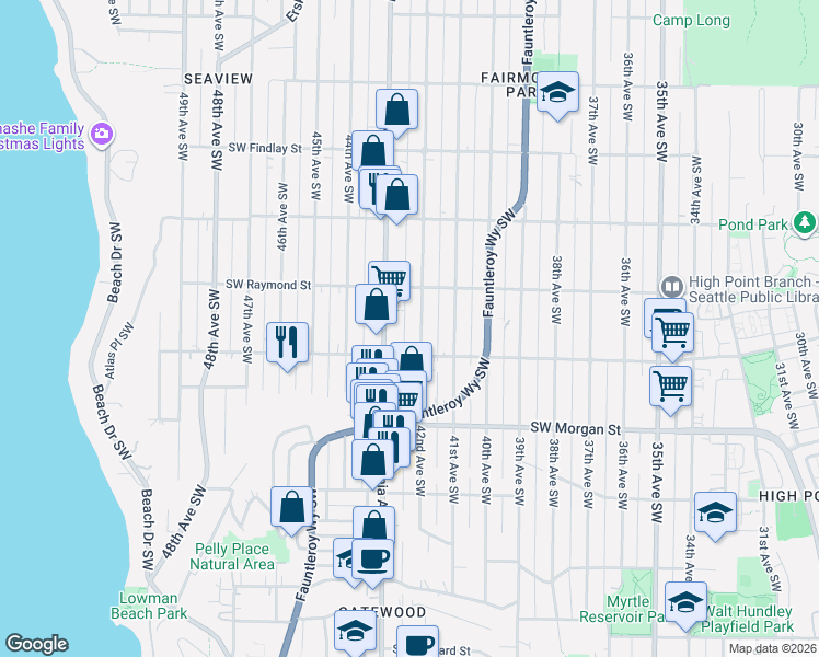 map of restaurants, bars, coffee shops, grocery stores, and more near 6056 California Avenue Southwest in Seattle