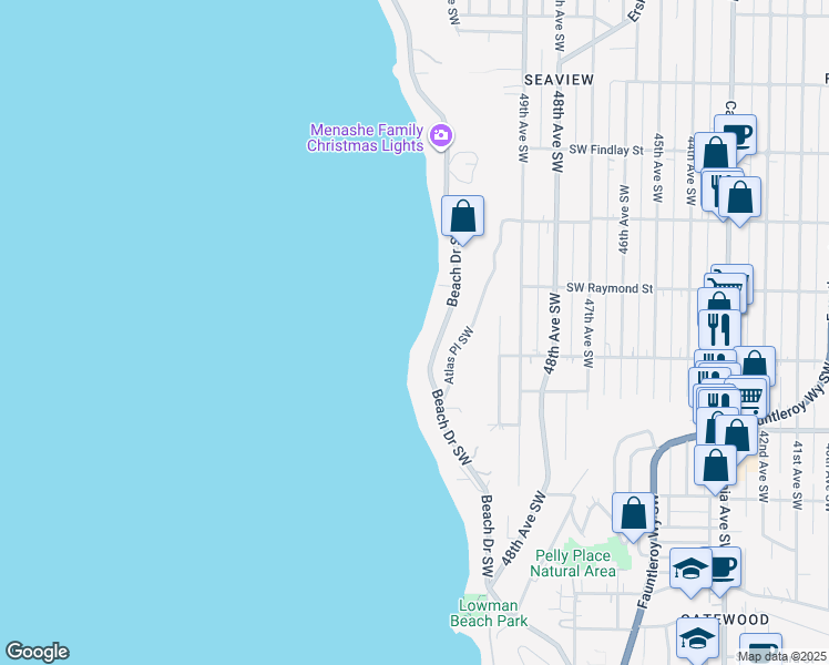 map of restaurants, bars, coffee shops, grocery stores, and more near 6305 Beach Drive Southwest in Seattle