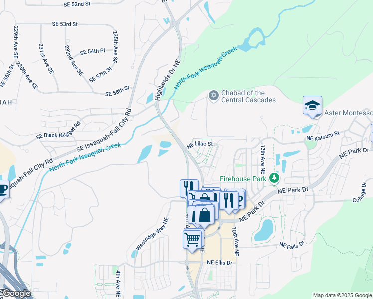 map of restaurants, bars, coffee shops, grocery stores, and more near Highlands Drive Northeast in Issaquah