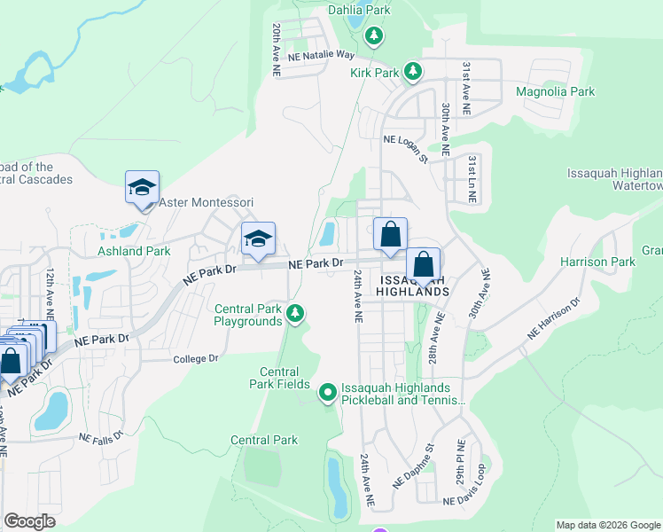 map of restaurants, bars, coffee shops, grocery stores, and more near 2331 Northeast Park Drive in Issaquah