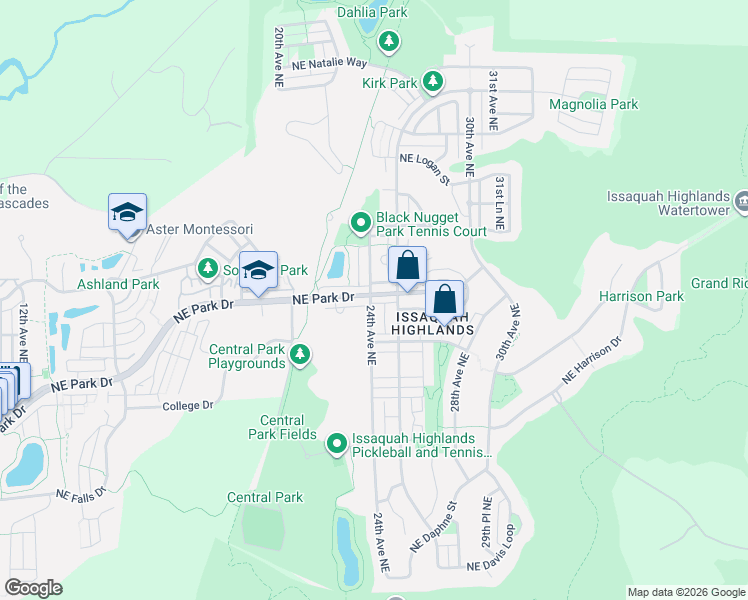 map of restaurants, bars, coffee shops, grocery stores, and more near 1747 25th Avenue Northeast in Issaquah