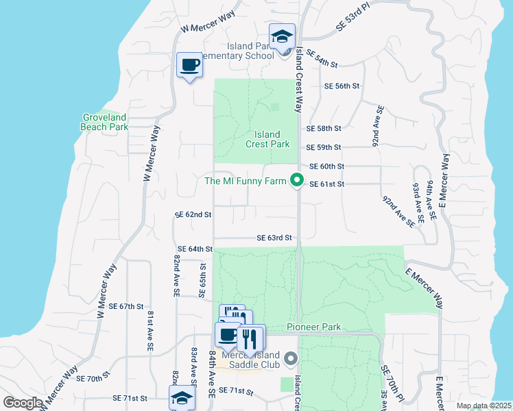 map of restaurants, bars, coffee shops, grocery stores, and more near 6215 86th Avenue Southeast in Mercer Island