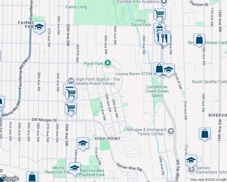 map of restaurants, bars, coffee shops, grocery stores, and more near 6300 29th Avenue Southwest in Seattle
