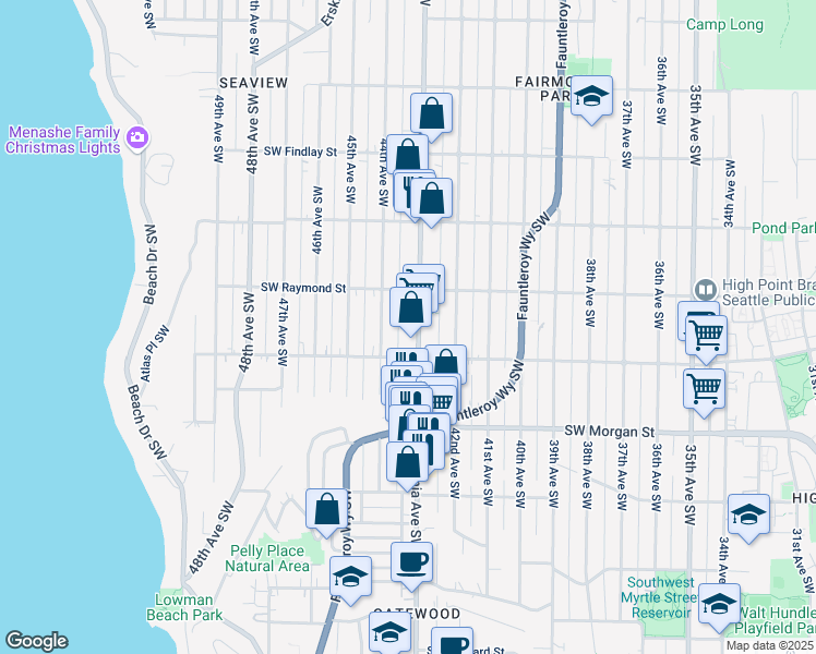 map of restaurants, bars, coffee shops, grocery stores, and more near 6067 California Avenue Southwest in Seattle