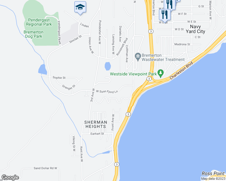 map of restaurants, bars, coffee shops, grocery stores, and more near 1730 West Sunn Fjord Lane in Bremerton