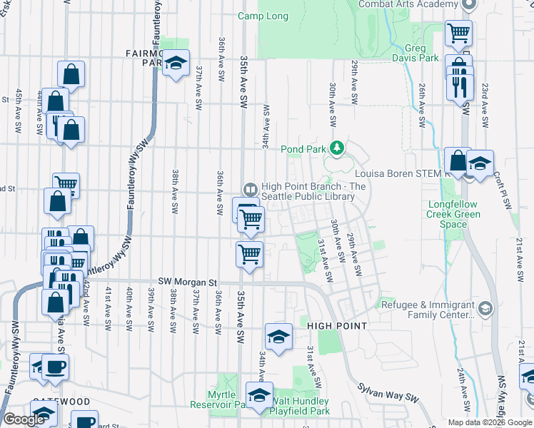 map of restaurants, bars, coffee shops, grocery stores, and more near 3280 Southwest Graham Street in Seattle