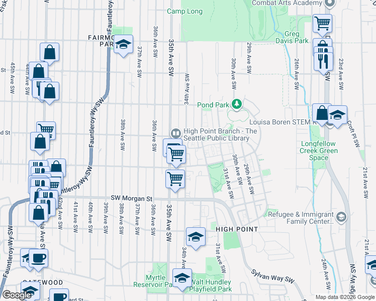 map of restaurants, bars, coffee shops, grocery stores, and more near 3280 Southwest Graham Street in Seattle