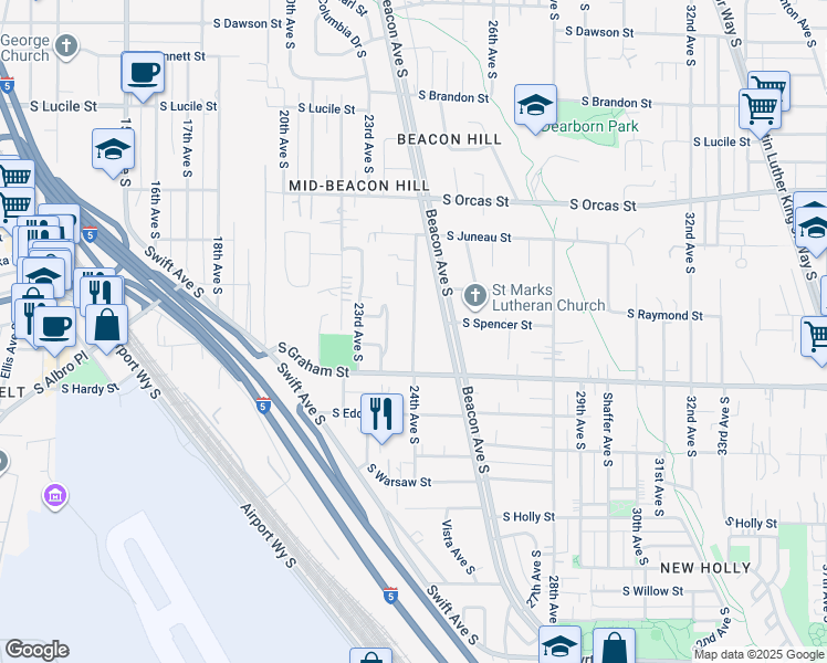 map of restaurants, bars, coffee shops, grocery stores, and more near Martin Luther King Junior Way South in Seattle