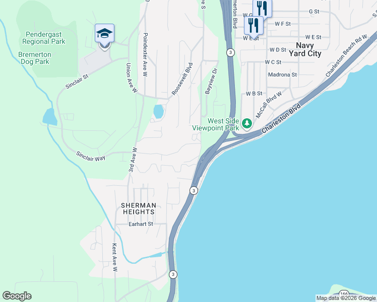 map of restaurants, bars, coffee shops, grocery stores, and more near 1825 Charleston Beach Road West in Bremerton