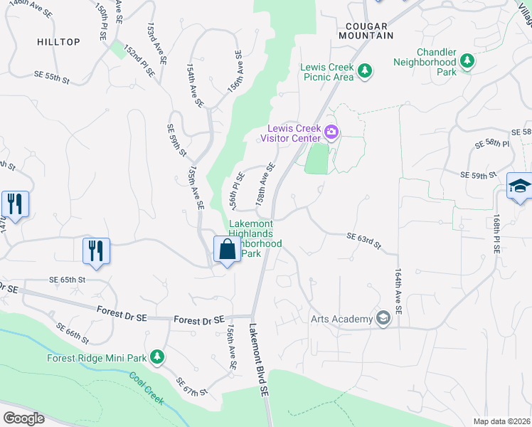 map of restaurants, bars, coffee shops, grocery stores, and more near 15840 Southeast 63rd Street in Bellevue