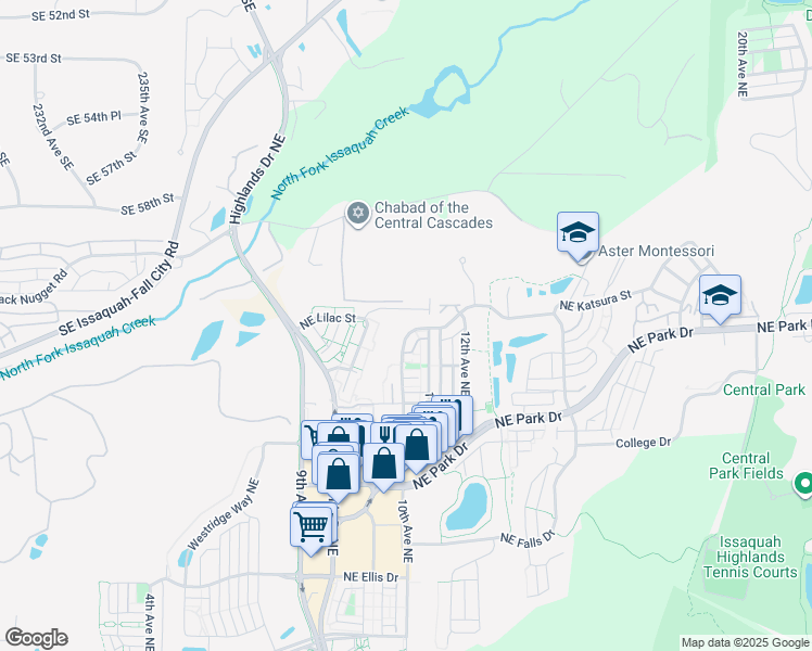 map of restaurants, bars, coffee shops, grocery stores, and more near 1869 10th Avenue Northeast in Issaquah