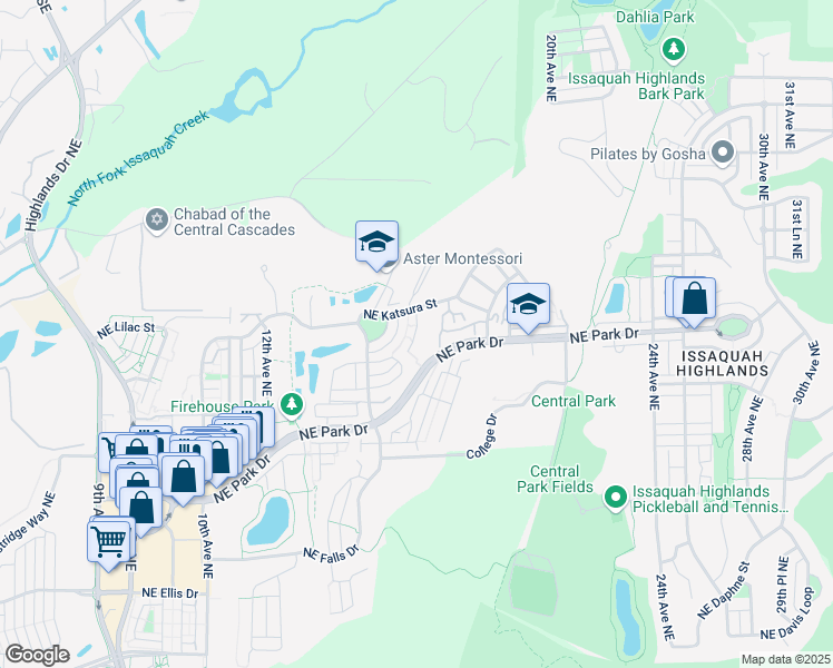map of restaurants, bars, coffee shops, grocery stores, and more near 1601 Northeast Katsura Street in Issaquah