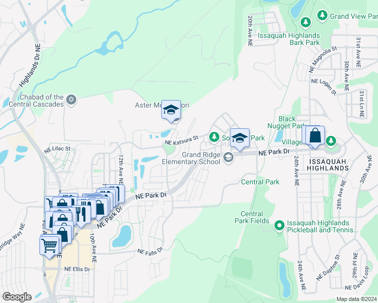 map of restaurants, bars, coffee shops, grocery stores, and more near 1595 Northeast Iris Street in Issaquah