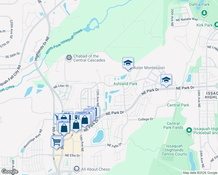 map of restaurants, bars, coffee shops, grocery stores, and more near 1406 Northeast Jade Street in Issaquah