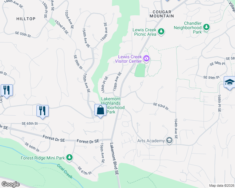 map of restaurants, bars, coffee shops, grocery stores, and more near 15840 Southeast 63rd Street in Bellevue