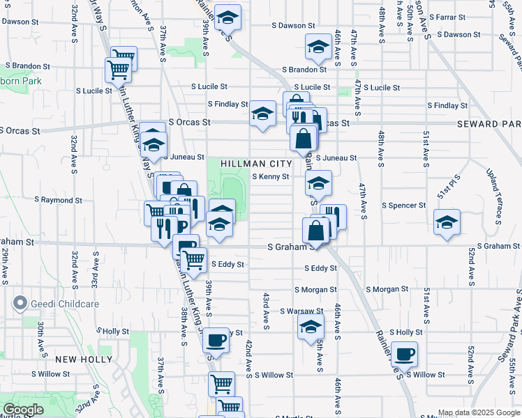 map of restaurants, bars, coffee shops, grocery stores, and more near 4218 South Bateman Street in Seattle