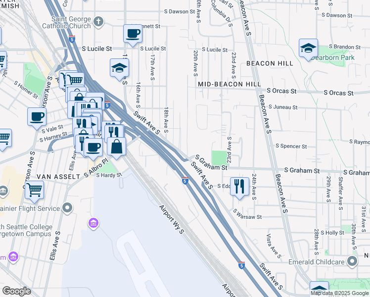 map of restaurants, bars, coffee shops, grocery stores, and more near 1916 20th Avenue South in Seattle