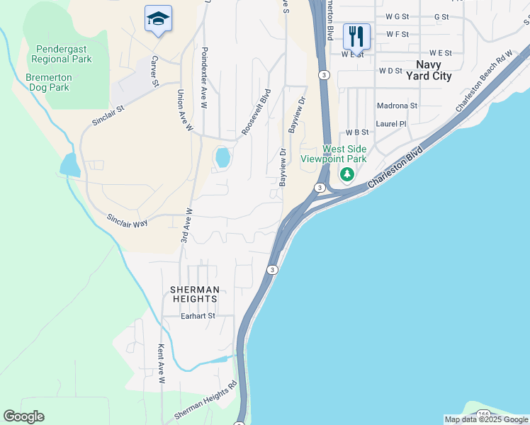 map of restaurants, bars, coffee shops, grocery stores, and more near 1825 Charleston Beach Road West in Bremerton