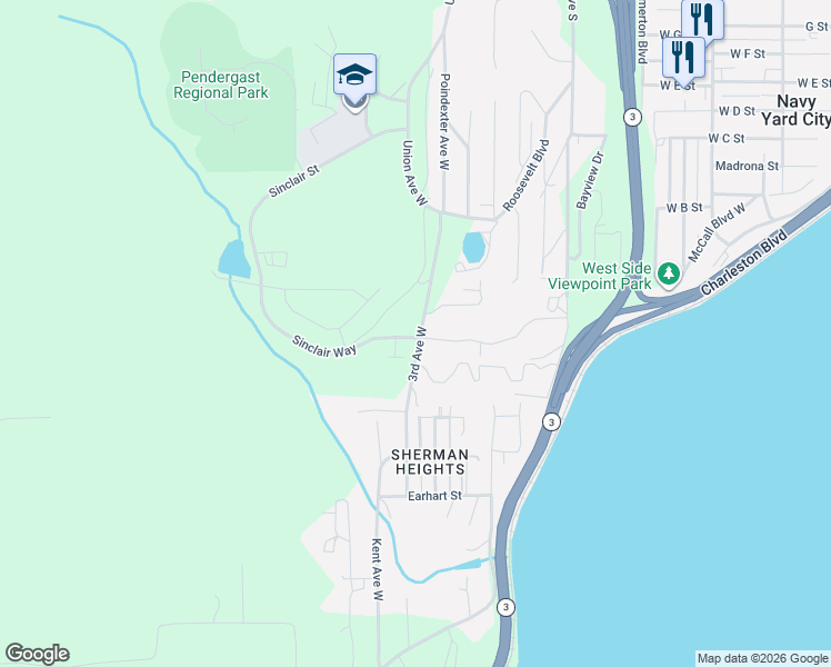map of restaurants, bars, coffee shops, grocery stores, and more near 1654 West Admiralty Heights Lane in Bremerton