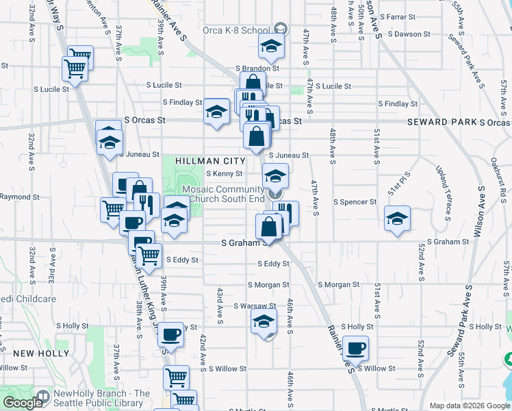 map of restaurants, bars, coffee shops, grocery stores, and more near 6115 Rainier Avenue South in Seattle