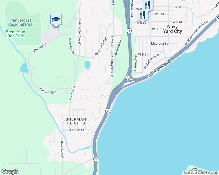 map of restaurants, bars, coffee shops, grocery stores, and more near 1825 Charleston Beach Road West in Bremerton