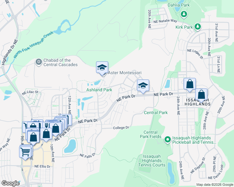 map of restaurants, bars, coffee shops, grocery stores, and more near 1835 Northeast Park Drive in Issaquah
