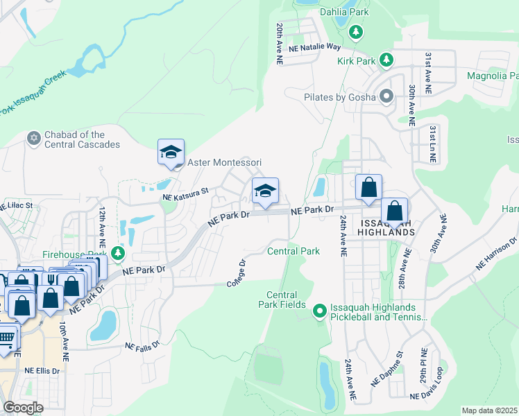 map of restaurants, bars, coffee shops, grocery stores, and more near 1739 Northeast Park Drive in Issaquah