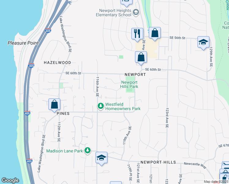 map of restaurants, bars, coffee shops, grocery stores, and more near 11811 Southeast 62nd Street in Bellevue