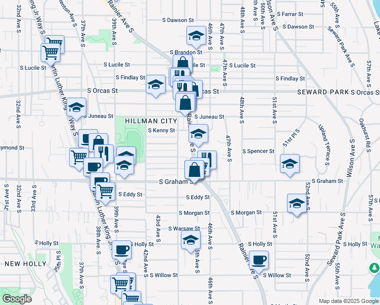 map of restaurants, bars, coffee shops, grocery stores, and more near 5995 Rainier Avenue South in Seattle