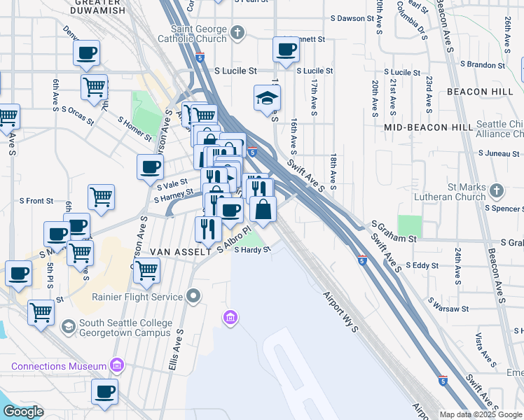 map of restaurants, bars, coffee shops, grocery stores, and more near 6247 Airport Way South in Seattle