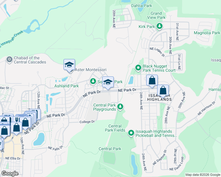 map of restaurants, bars, coffee shops, grocery stores, and more near 1739 Northeast Park Drive in Issaquah