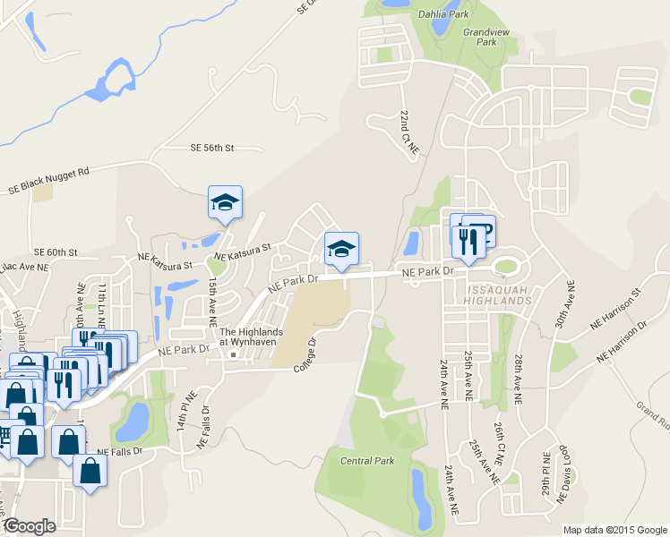 map of restaurants, bars, coffee shops, grocery stores, and more near 1739 Northeast Park Drive in Issaquah