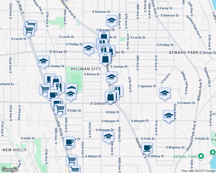 map of restaurants, bars, coffee shops, grocery stores, and more near 6115 Rainier Avenue South in Seattle
