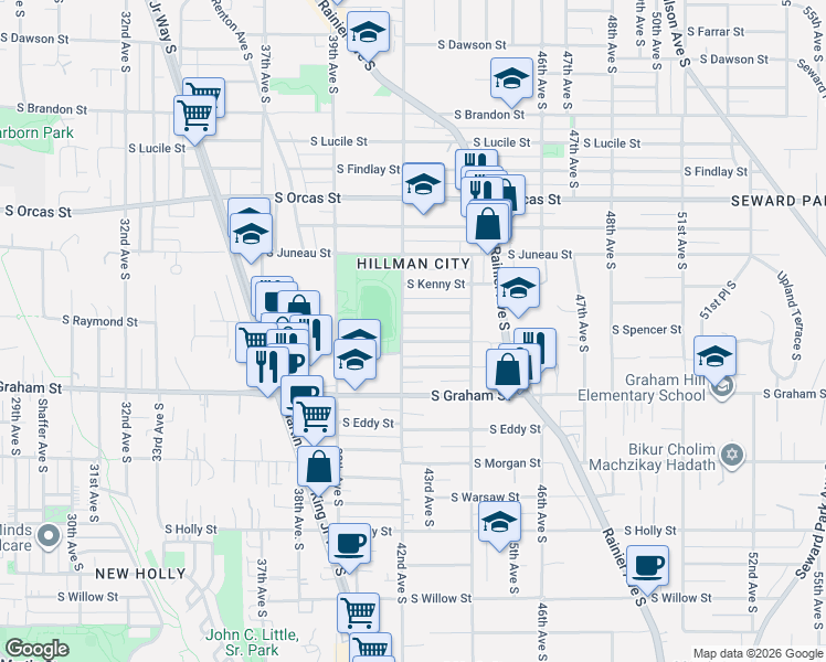 map of restaurants, bars, coffee shops, grocery stores, and more near 4218 South Bateman Street in Seattle