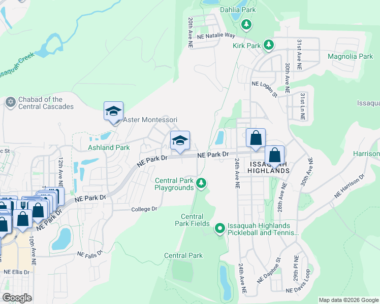 map of restaurants, bars, coffee shops, grocery stores, and more near 1899 Northeast Kenyon Court in Issaquah