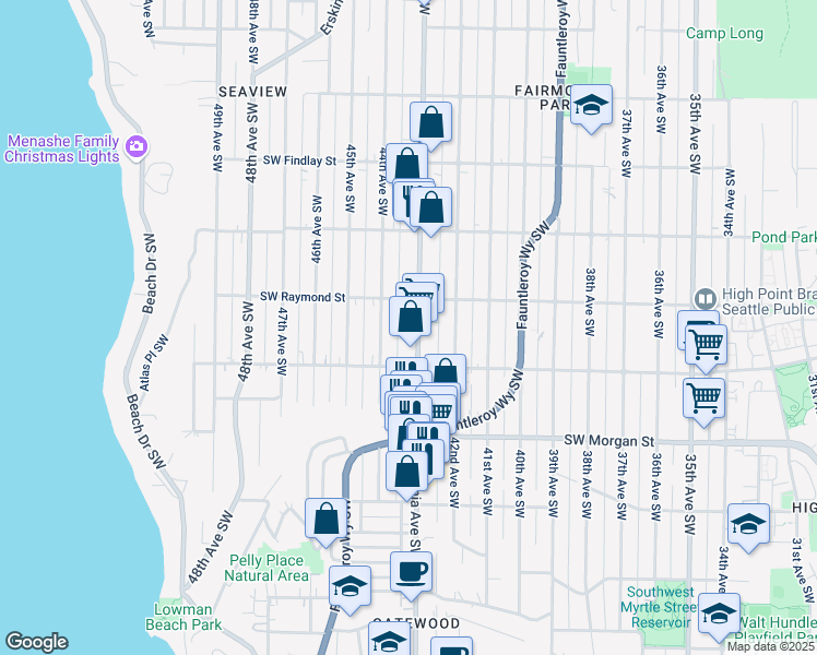 map of restaurants, bars, coffee shops, grocery stores, and more near 6025 California Avenue Southwest in Seattle