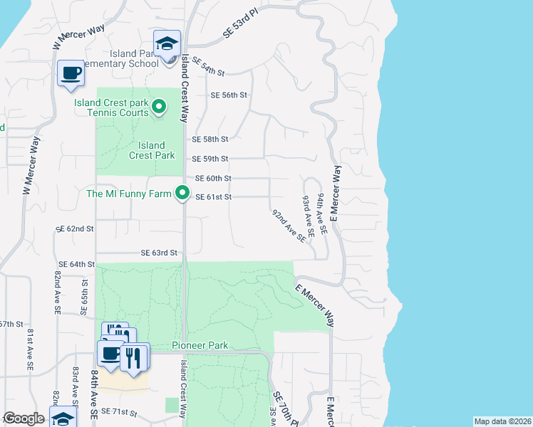 map of restaurants, bars, coffee shops, grocery stores, and more near 6121 92nd Avenue Southeast in Mercer Island