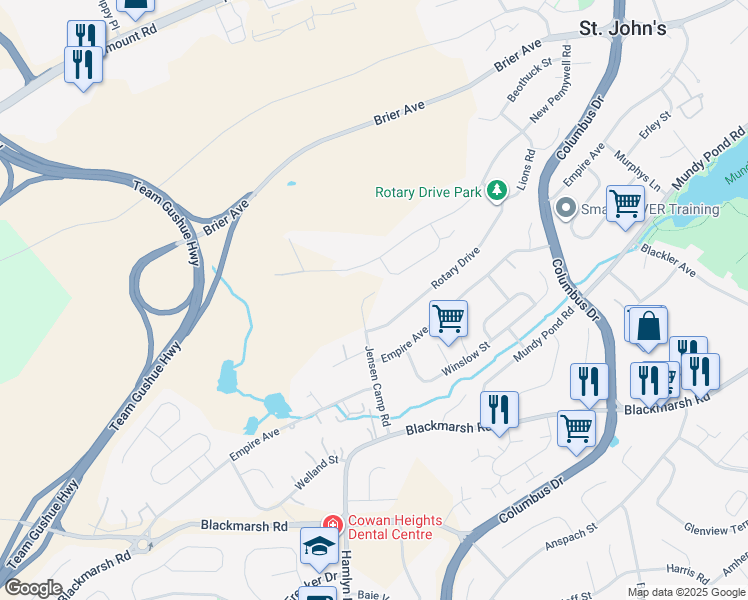 map of restaurants, bars, coffee shops, grocery stores, and more near 52 Jensen Camp Road in St. John's