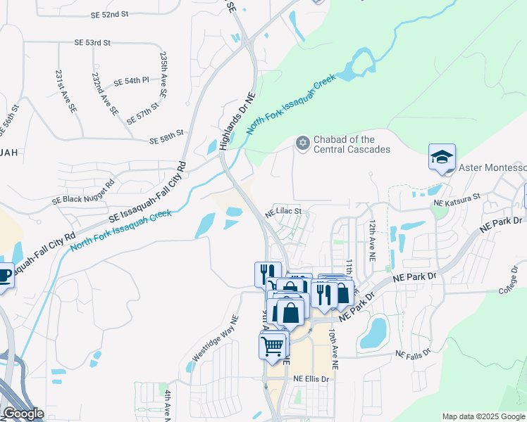 map of restaurants, bars, coffee shops, grocery stores, and more near 23847 Southeast 59th Street in Issaquah
