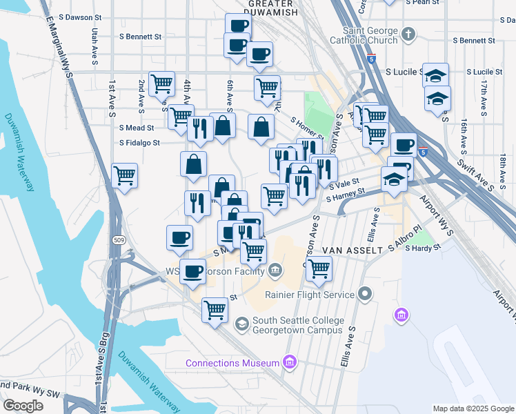 map of restaurants, bars, coffee shops, grocery stores, and more near 6100 6th Avenue South in Seattle