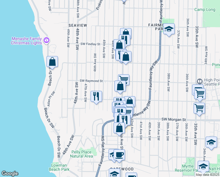 map of restaurants, bars, coffee shops, grocery stores, and more near 4421 Southwest Raymond Street in Seattle