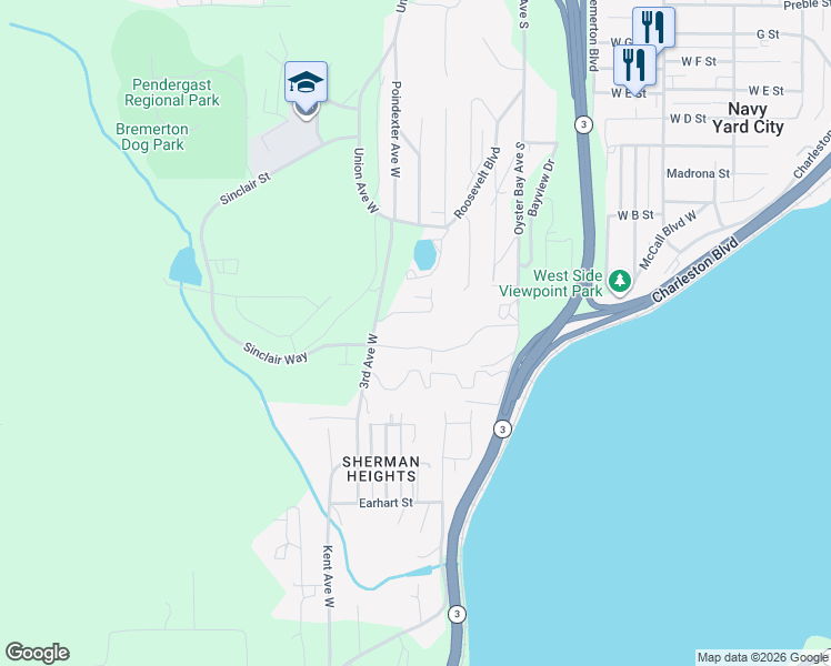map of restaurants, bars, coffee shops, grocery stores, and more near 1931 Hardway Lane in Bremerton