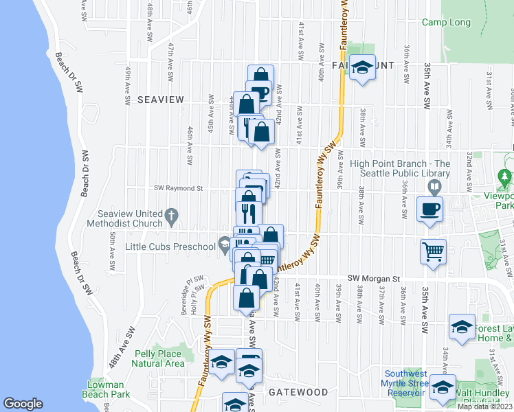 map of restaurants, bars, coffee shops, grocery stores, and more near 6024 California Avenue Southwest in Seattle