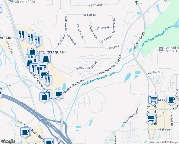 map of restaurants, bars, coffee shops, grocery stores, and more near 23120 Southeast Black Nugget Road in Issaquah